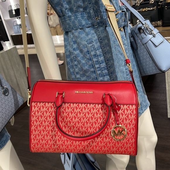 Michael Kors MK Jet Set Travel Medium Duffle Bag Satchel Bright Red MK Signature - Picture 14 of 16